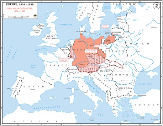 A map of German Aggression's from 1936-1939