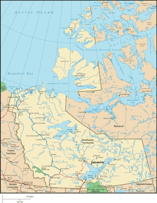 Map of portion of the Barrens relevant to my adventure.  To locate our camp, find Yellowknife, then go up and Right to the word "Nunavut".  Our camp was just above the second "n" of Nunavut.