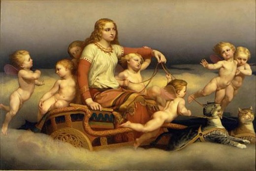 Norse goddess, Freya, on her chariot that is drawn by her cats