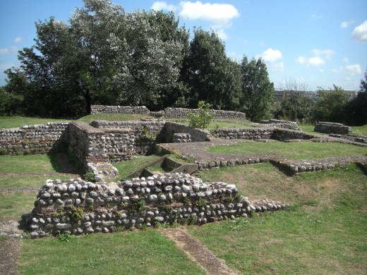 The ruins of the Roman fort at Richborough, named as Rutupiae and as part of the Saxon Shore forts.