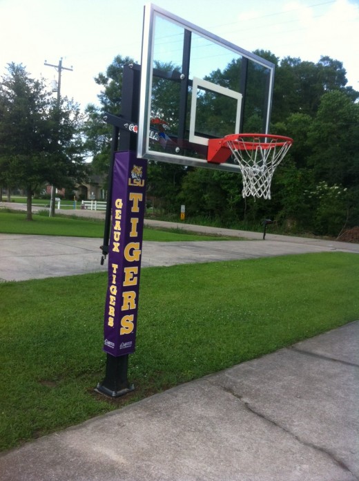 Our Goalrilla 2 Basketball Goal with additional LSU Team Safety Pad