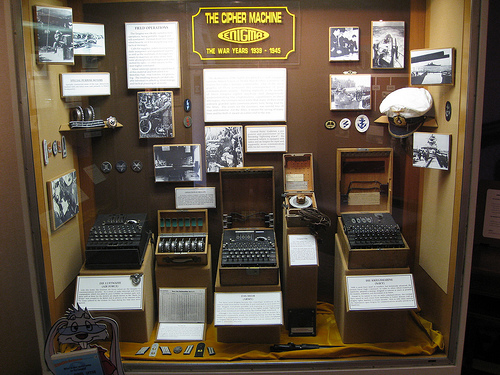 a display of German Enigma Machines