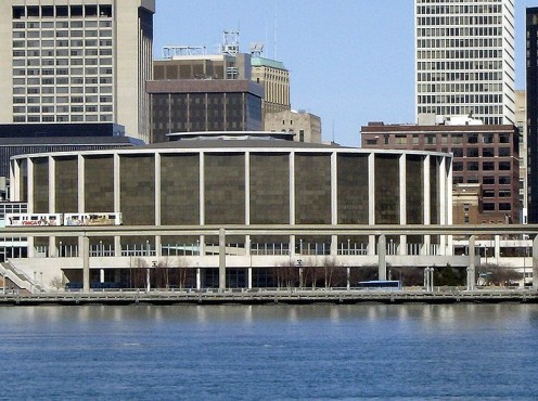 The COBO Center as seen from Windsor Ontario, across the Detroit River.
