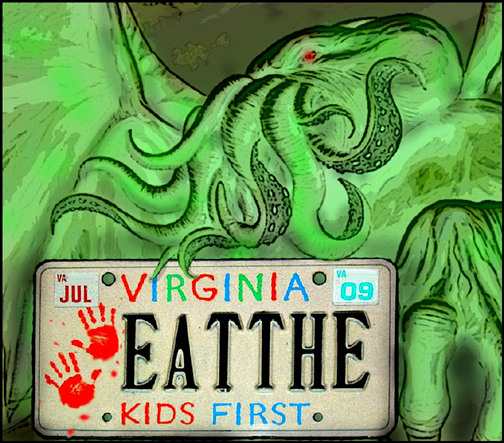 Drawing of Lovecraftian Cthulu Old One with appropriate license plate