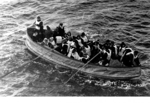 Titanic survivors on board one of the lifeboats on RMS Titanic