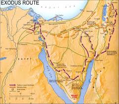 The Sinai peninsula map with marked route of the Israelite. The Israelite seem to be lost in the Sinai desert, because instead of moving towards the promised land they moved away and they took a long time to reach their father land. 
