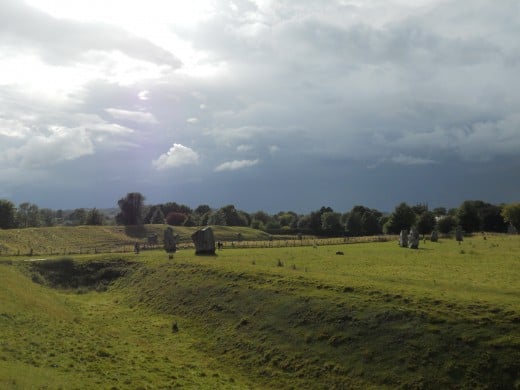 View of Avebury stone circle, showing part of the surrounding ditch