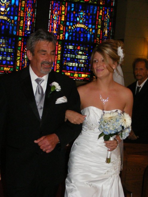 ME AND BEAUTIFUL DAUGHTER ON HER WEDDING DAY WALING HER DOWN THE AISLE IN CHURCH.