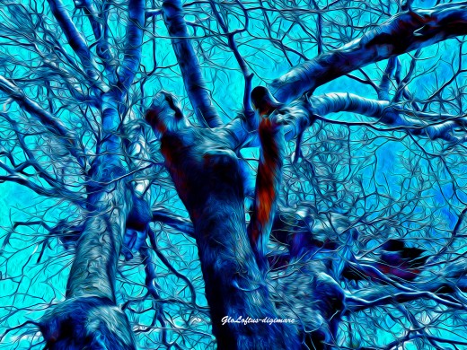 Using the channel color mixer, I changed the sky to deep turquoise, then outlined the limbs in "poster edges" before using the oil painting feature.
