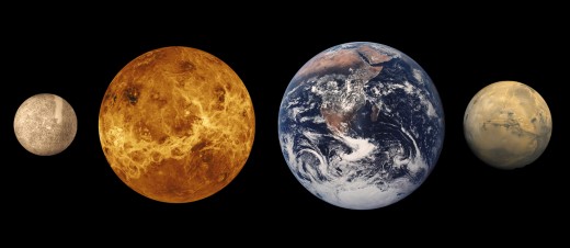 A Size comparison of the inner (terrestrial) planets: (from left to right) Mercury, Venus, Earth, Mars