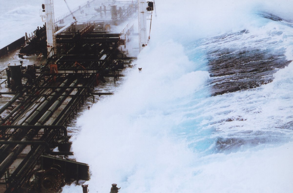  Rogue wave sequence showing 60-foot plus wave hitting tanker headed south from Valdez, Alaska. 