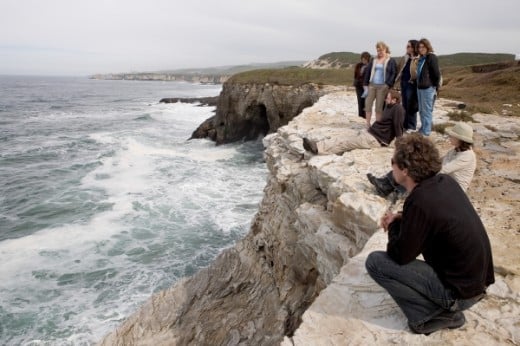 A group of people view the Pacific Ocean from a rocky cliff along Coast Dairies, CA during the Sand Hill Bluff Dedication. 