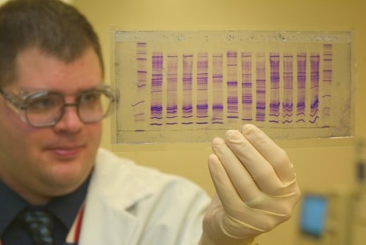 A chemist reads a DNA profile: a biochemist with some laboratory experience could command over $55,000 per year (on average).