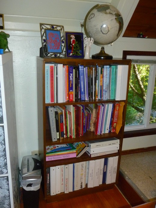 Our school bookshelf is easily accessible and big enough for the year’s curriculum. Note the globe.