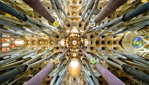 Gaudi's hyperbolic parabollid in the nave of La Sagrada Familia.