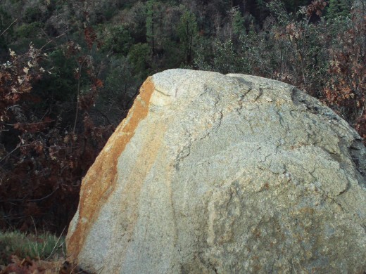 A boulder with the view of the trees below.