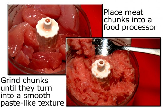 Spin down the meat chunks in a food processor until they turn into a smooth textured paste. 