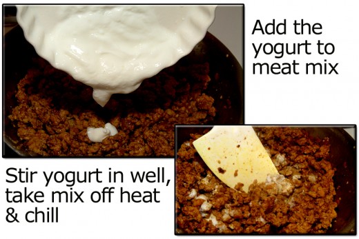 After the meat mix has cooked over medium-low heat for about 10 minutes, add the yogurt to the meat mix and stir it in until the mix is well coated. Take pan off heat and chill the mix. 