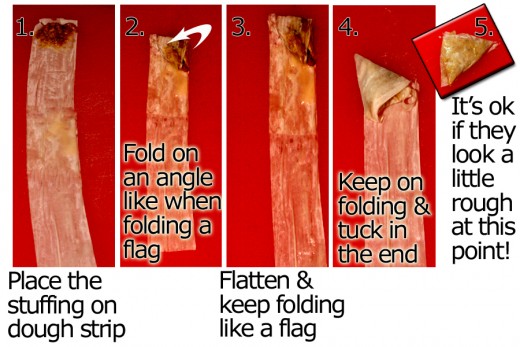 Put a small amount of filling on the end of one strip. Fold the first fold on an angle (like when folding a flag). Continue folding until you reach the end, flattening the triangle gently as you go. Tuck in the end.