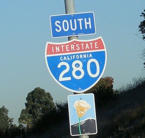 280 sign that also shows the Poppy Sign underneath, indicating that this is a state Scenic Highway.