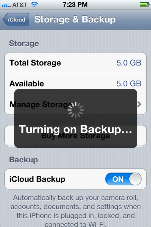 A message appears indicating that iCloud is being turned on.