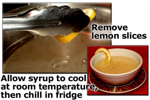 Take the lemon slices out of the syrup, cool syrup at room temperature and then chill in the refrigerator for use once dessert has been baked.