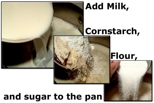 Combine milk, sugar, flour, and cornstarch in a pan and heat over medium. Mix continuously.