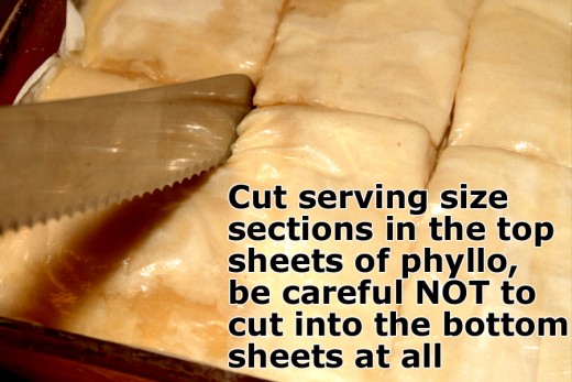 Cut only the top layers of phyllo dough, leaving the bottom sheets in tact to secure the custard for later service.