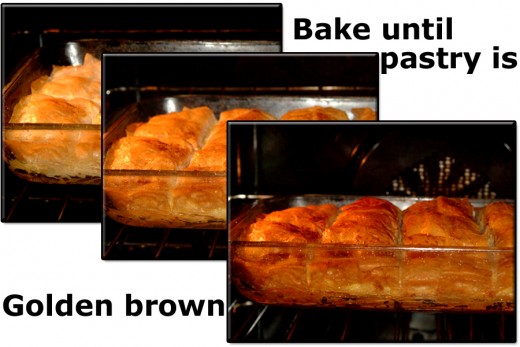 Bake the dessert until it gets a beautiful golden brown crispy pastry top. About 45 minutes.