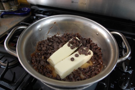 Melting semi-sweet chocolate chips and butter 