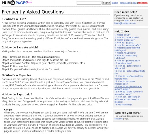 Upper portion of FAQ page on August 30th, 2006