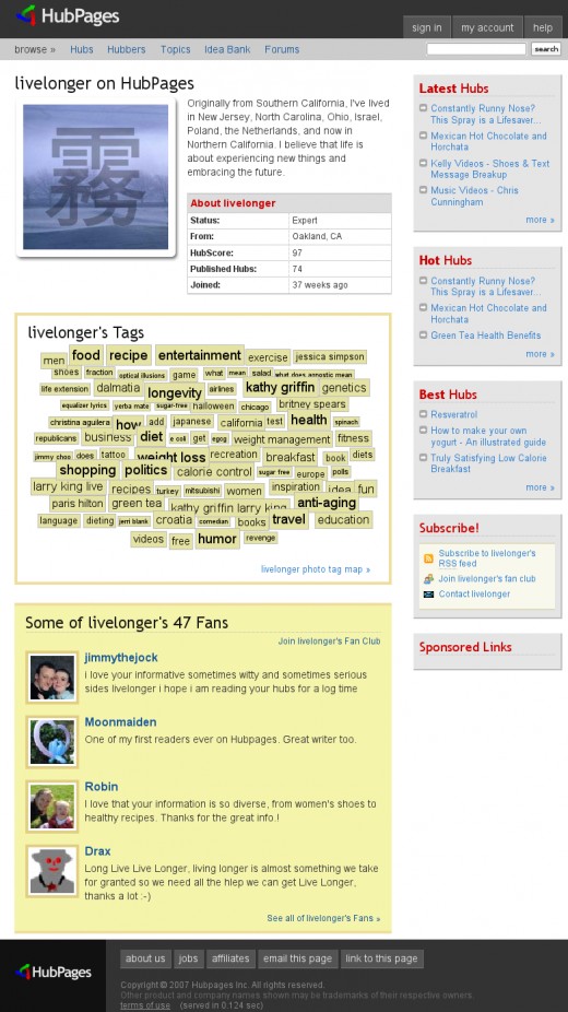 May 9, 2007 - livelonger's profile with a funky tag cloud