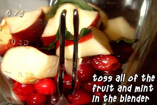 Toss the mint, apple, cranberries, and citrus juice into the blender and give it a whirl.