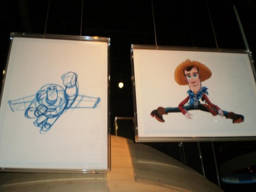 Drawings of Toy Story characters on display at ACMI.