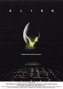 Alien (1979) film directed by Ridley Scott. Movie poster by Bill Gold. Distributed and released by 20th Century Fox.
