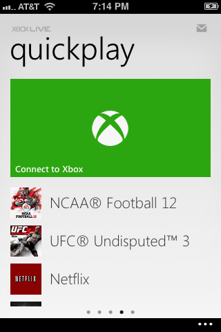 Open the My Xbox LIVE app and then swipe to the left three times to navigate to the Quickplay section. Tap "Connect to Xbox."