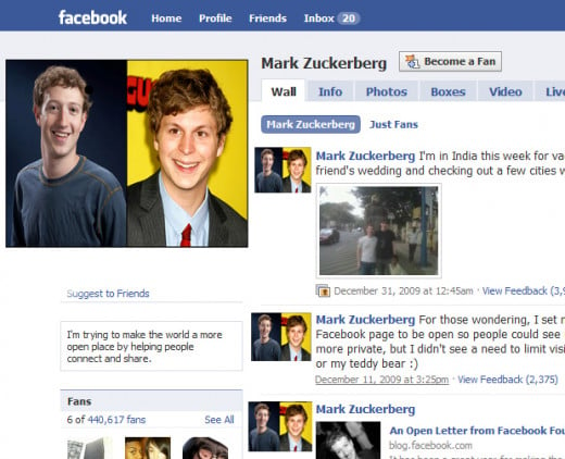 Mark Zuckerberg's Facebook profile page