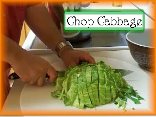 Chopping Cabbage for Albondigas: Chop 1/2 head of cabbage while the meatballs cook.