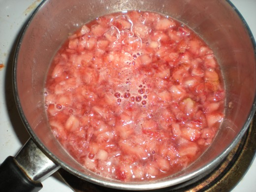 Cooked strawberry mixture, ready to be added to ice cube tray