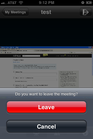 Tap the arrow in the upper-right corner of the screen and then tap "Leave" to leave the meeting.