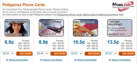 Screenshot of Nobelcom's phone card rates for calling a land line in Philippines. These are the advertised rates as of 12/07/08