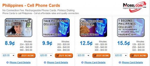 Screenshot of Nobelcom's rates to call a mobile number in Philippines. These of the rates as of 12/07/08