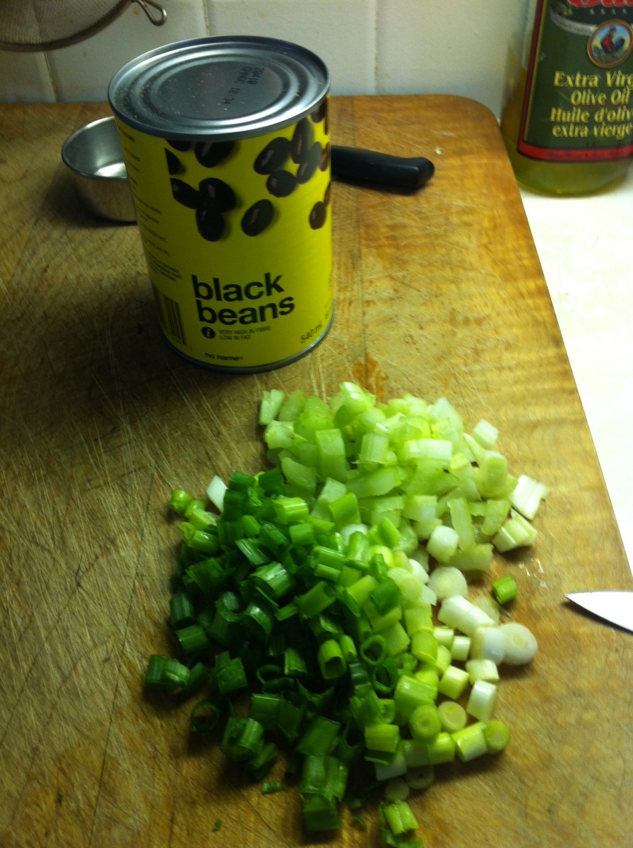For the salad you will need a can of black beans, chopped green onions and chopped celery.
