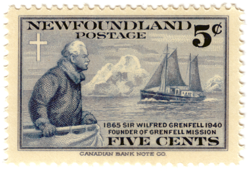 A Newfoundland Postage stamp from 1941 showing Wilfred Grenfell (1865-1940), a medical missionary to Newfoundland and Labrador
