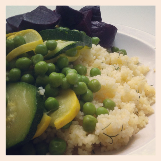 Dill Lemon Garlic Couscous, with steamed vegetables 