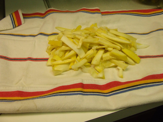 Put the Drained Squash one portion at a time, on a clean Linen or Cotton Kitchen Towel. (Do NOT use a towel with a nap.)