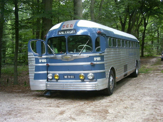 Old-model Greyhound bus.
