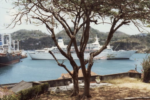 The original 700 passenger "Sun Princess" cruise ship in 1980 as seen in Grenada harbor