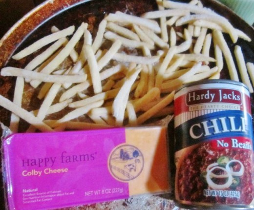Frozen fries, canned chili, and cheese (Colby in this photo)