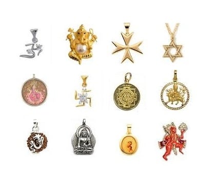 Religious Jewelry - Pendants with symbols like Om, Cross, Star of David, Swastik, Sri Yantra etc and pictures of Lord Ganesh, Goddess Laxmi, Durga, Hanuman, Buddha and Virgin Mary.